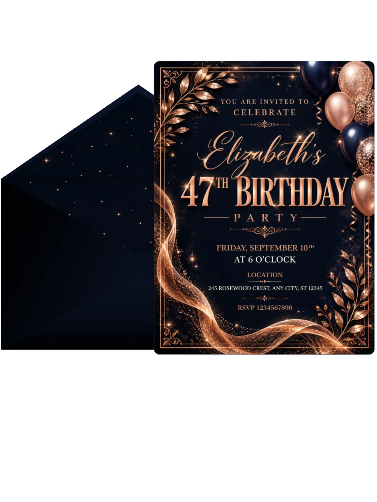 Navy and Rose Gold 47th Birthday Invitation
