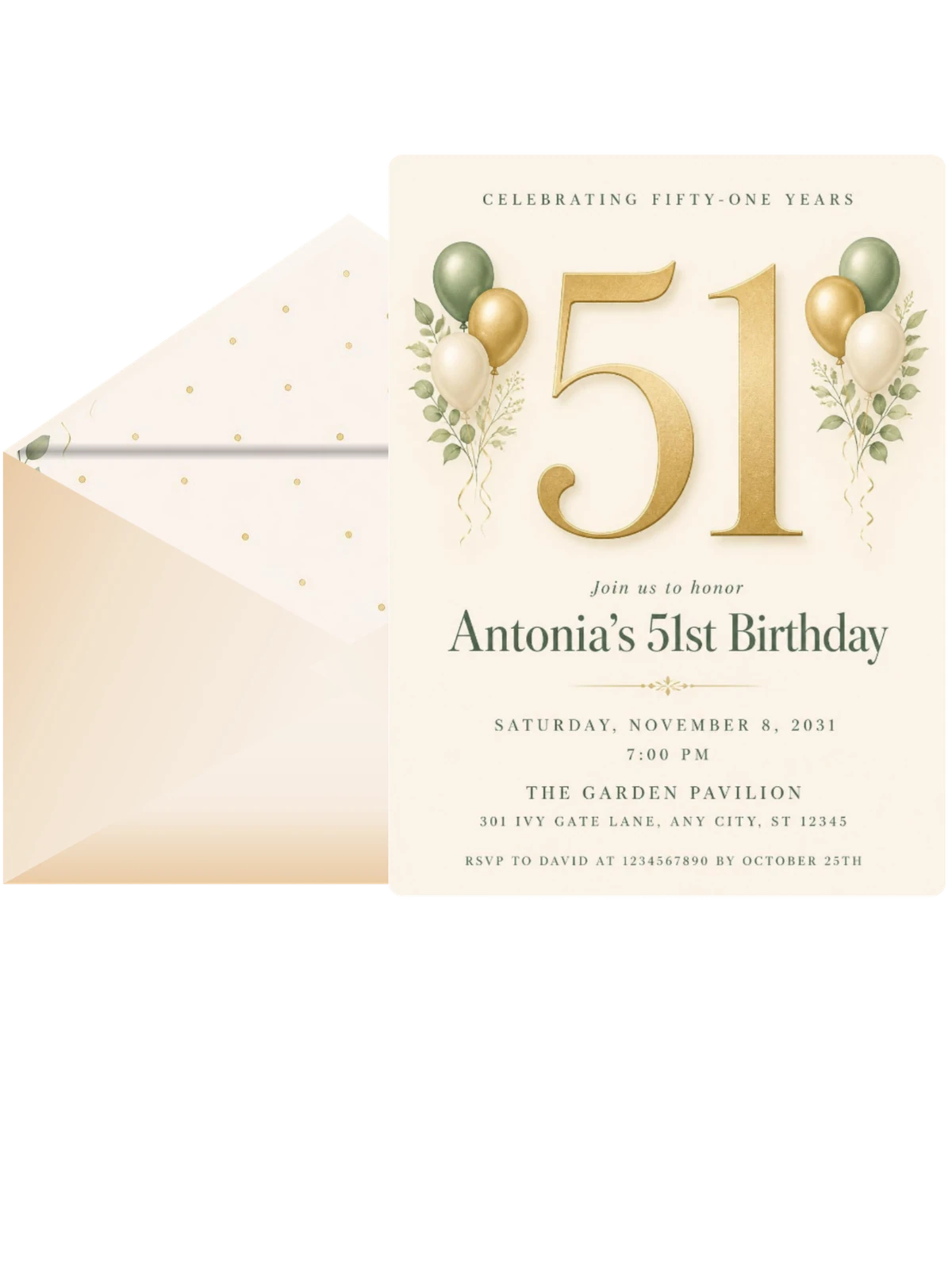 Sage and Ivory 51st Birthday Invitation