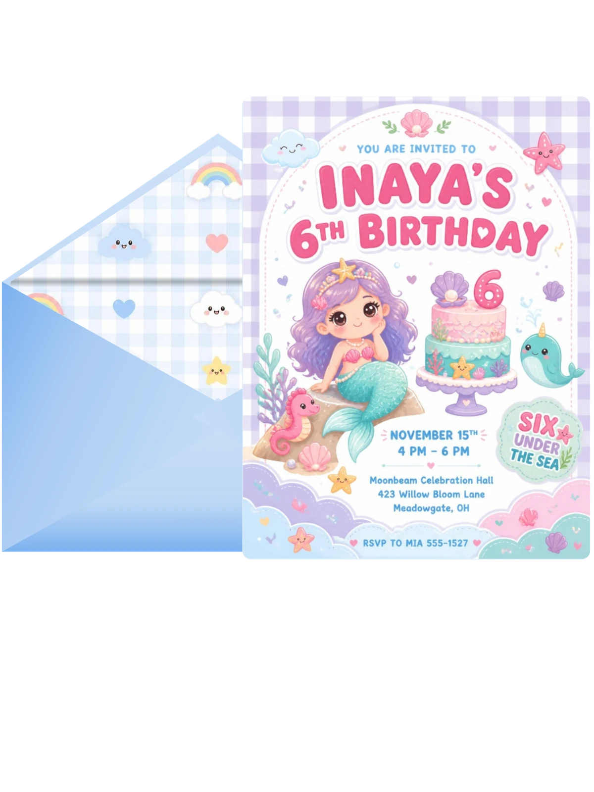 Mermaid Kawaii Pastel 6th Birthday Invitation