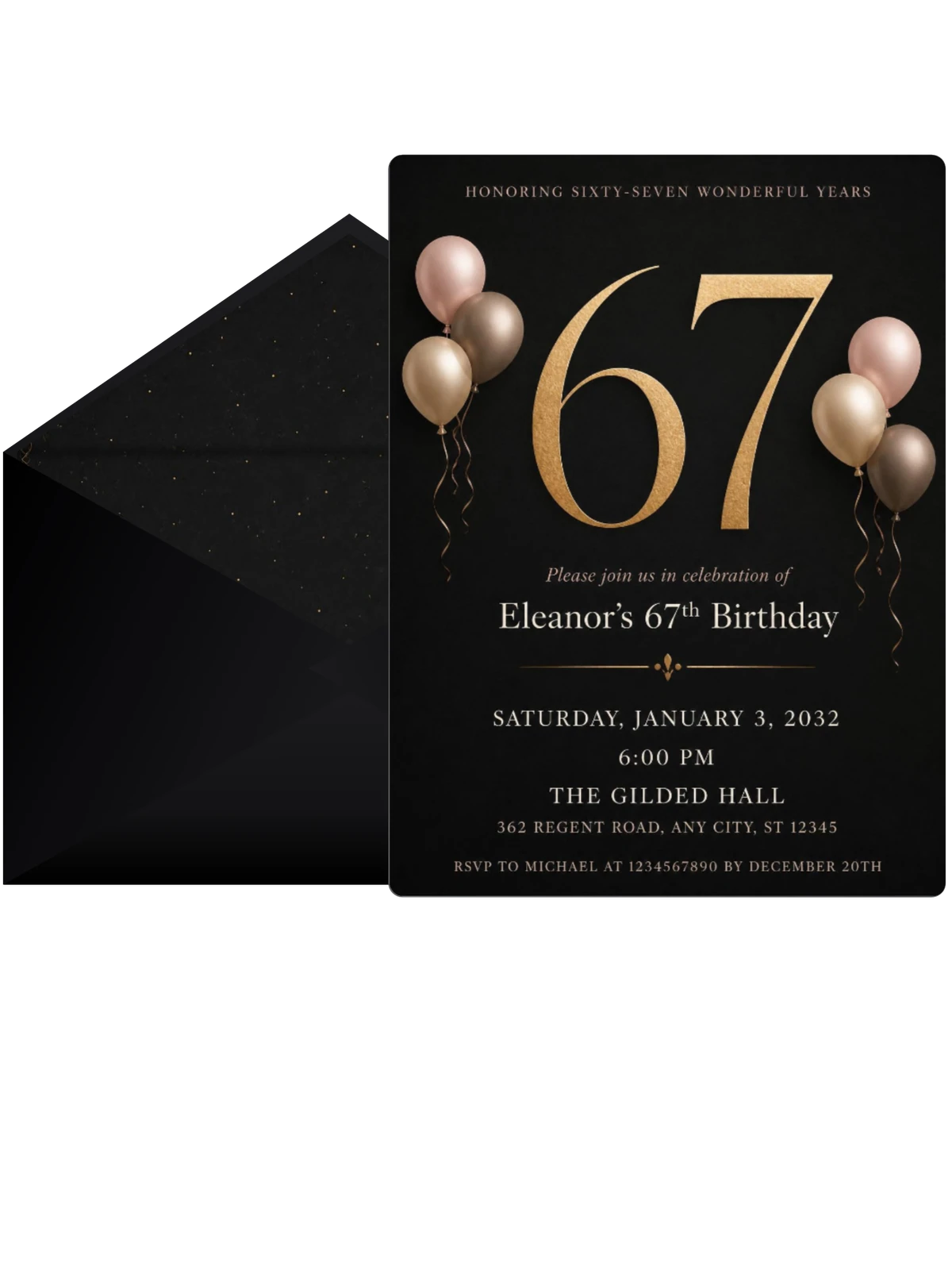 Charcoal and Blush 67th Birthday Invitation