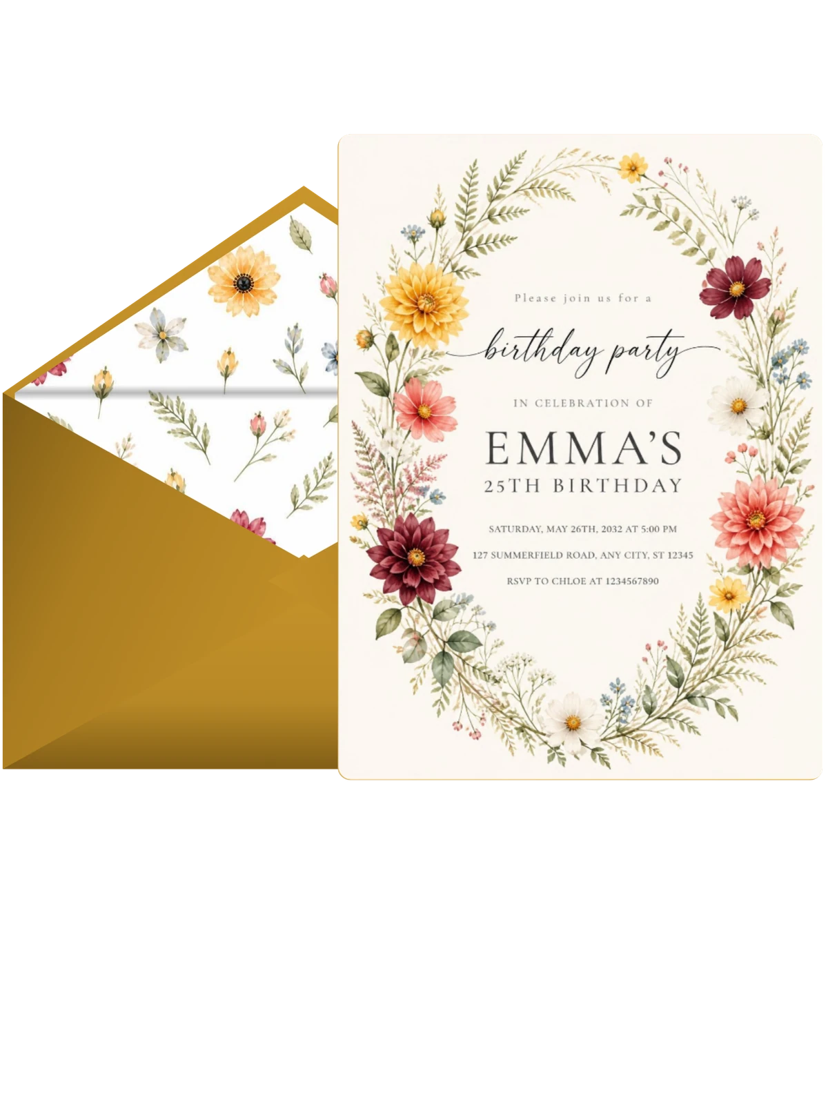 Botanical Wildflower Golden 25th Birthday Invitation