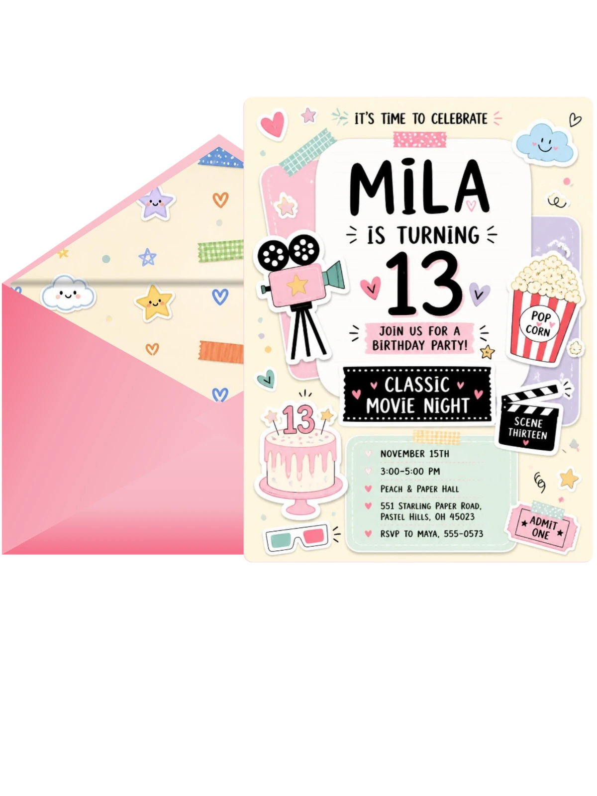 Movie Camera Pastel 13th Birthday Invitation