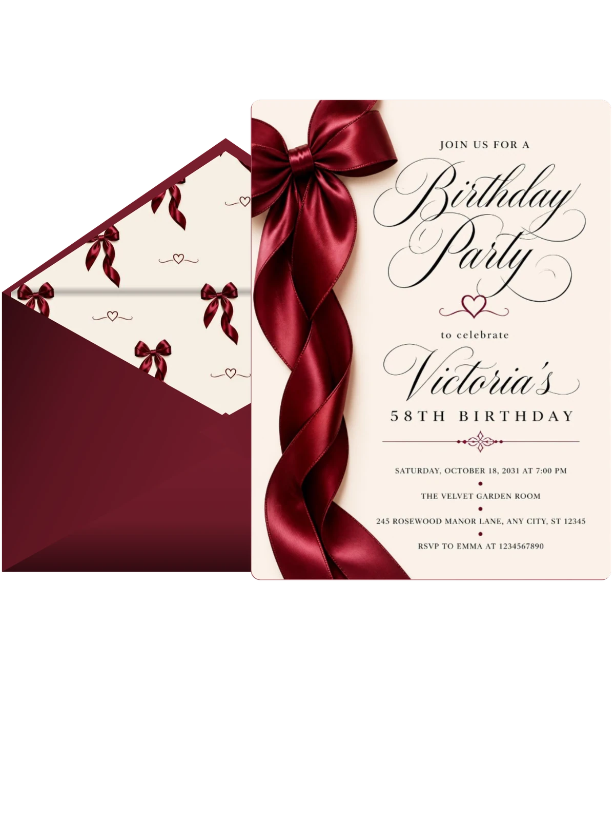 Burgundy Satin Bow 58th Birthday Invitation