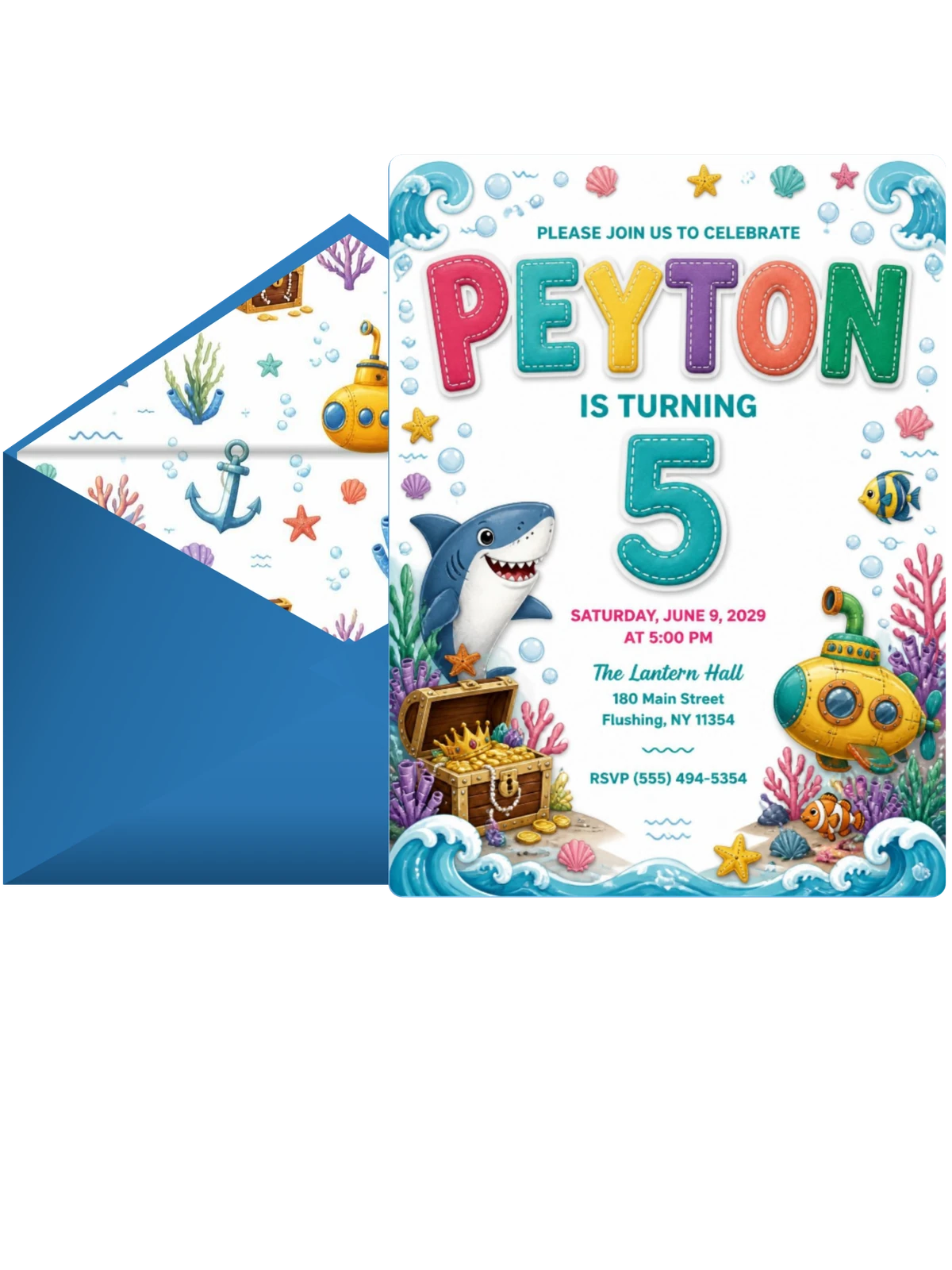 Stitched Shark 5th Birthday Invitation