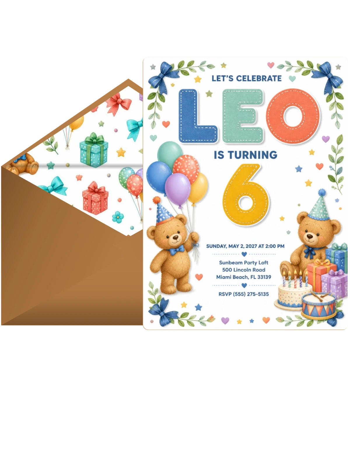 Stitched Teddy Bear 6th Birthday Invitation