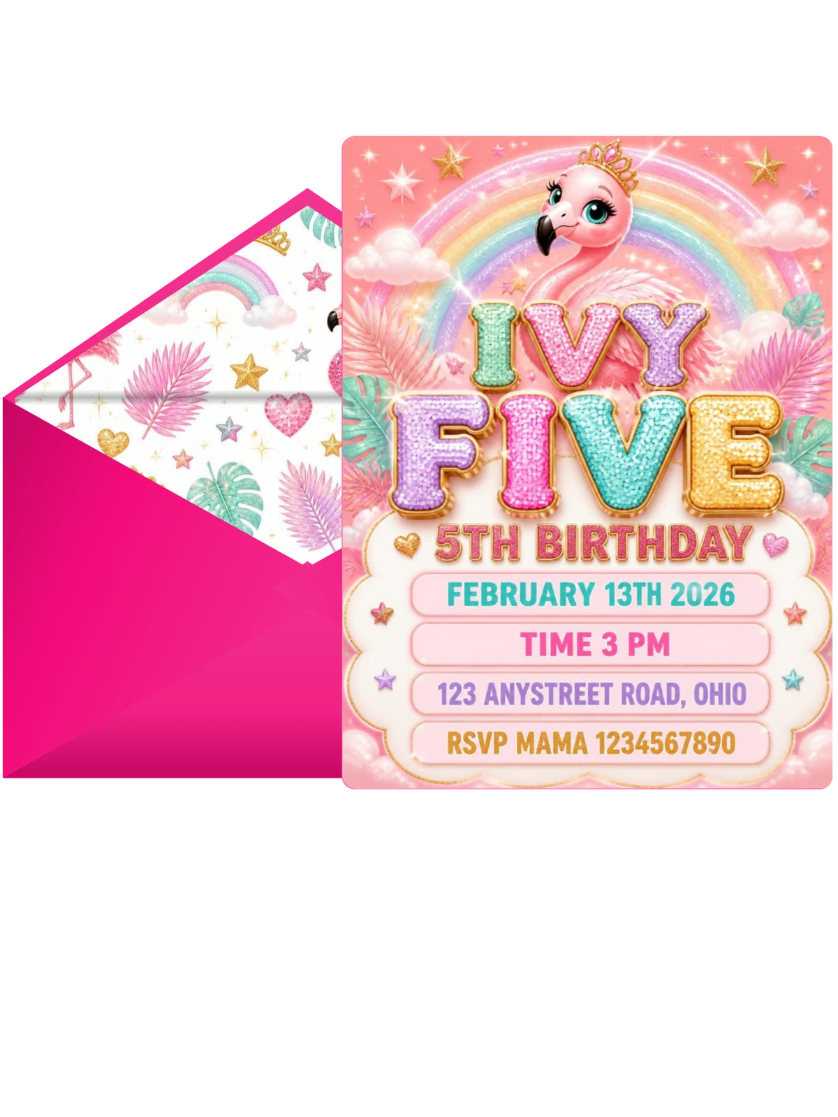 Glitter Flamingo 5th Birthday Invitation