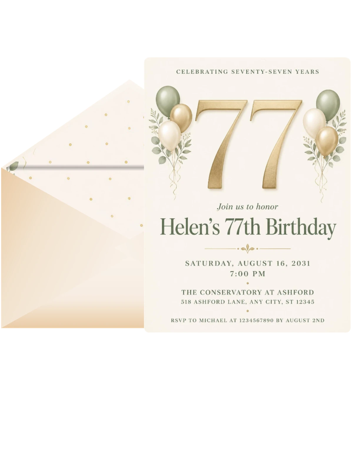 Sage and Ivory 77th Birthday Invitation