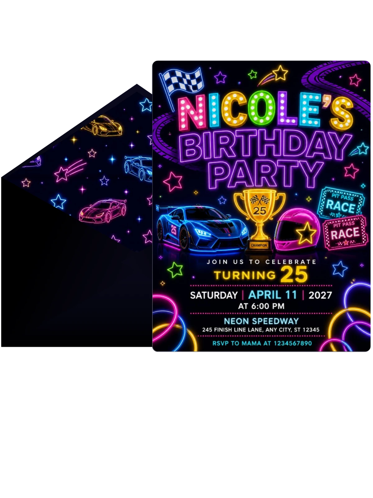 Neon Race Cars 25th Birthday Invitation