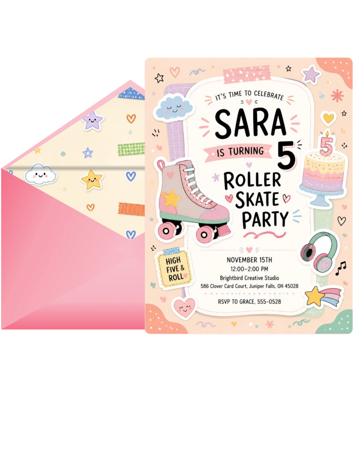 Roller Skate Pastel 5th Birthday Invitation