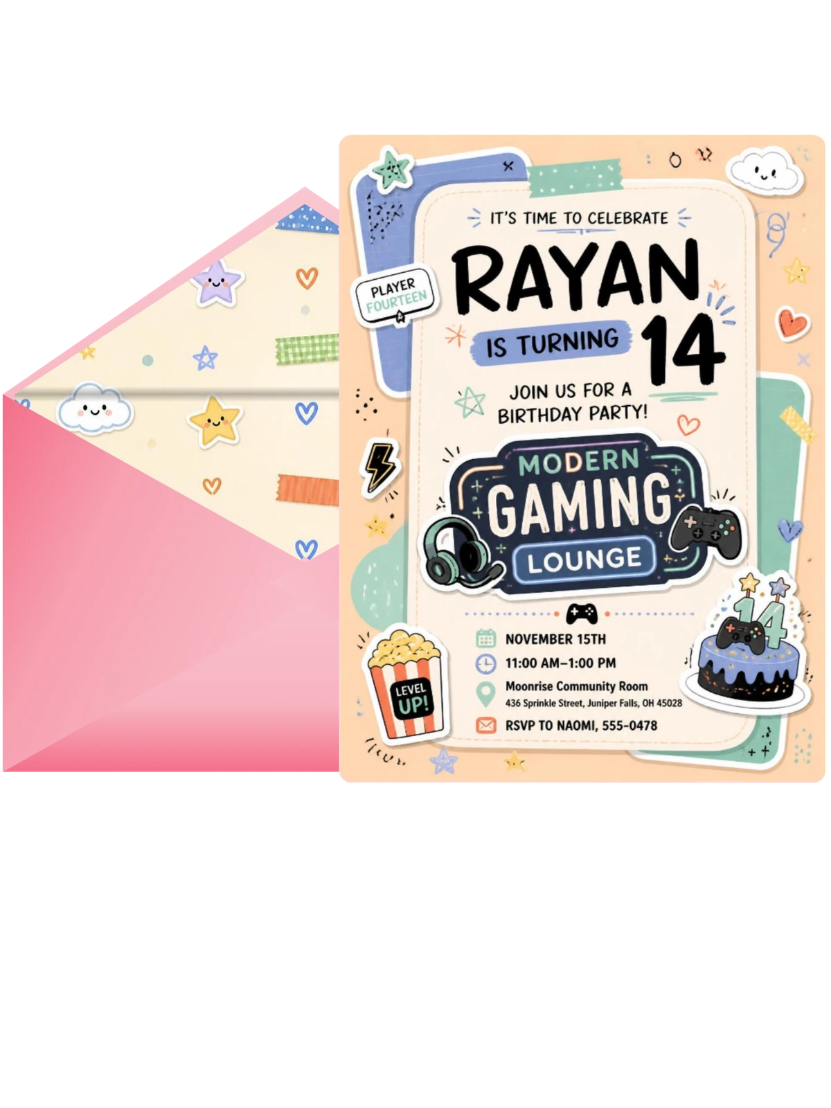Gaming Headset Pastel 14th Birthday Invitation