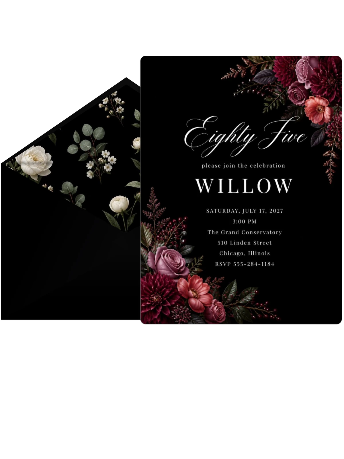 Black Floral 85th Birthday Invitation