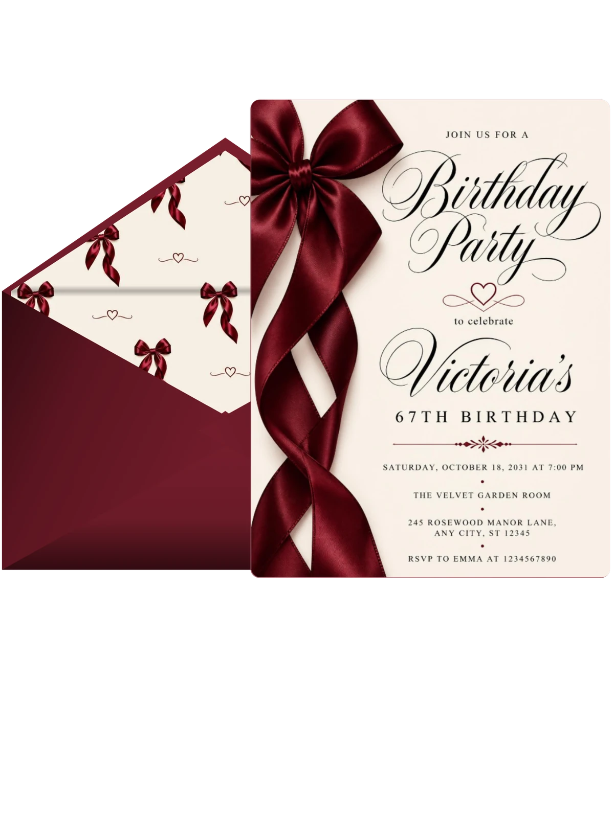 Burgundy Satin Bow 67th Birthday Invitation