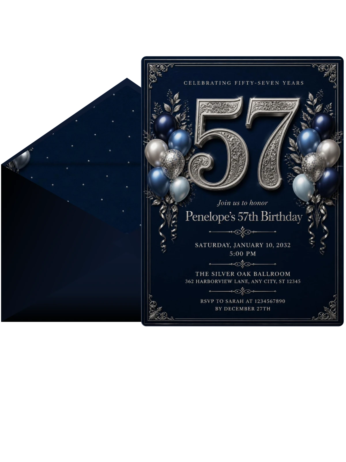 Navy and Silver 57th Birthday Invitation