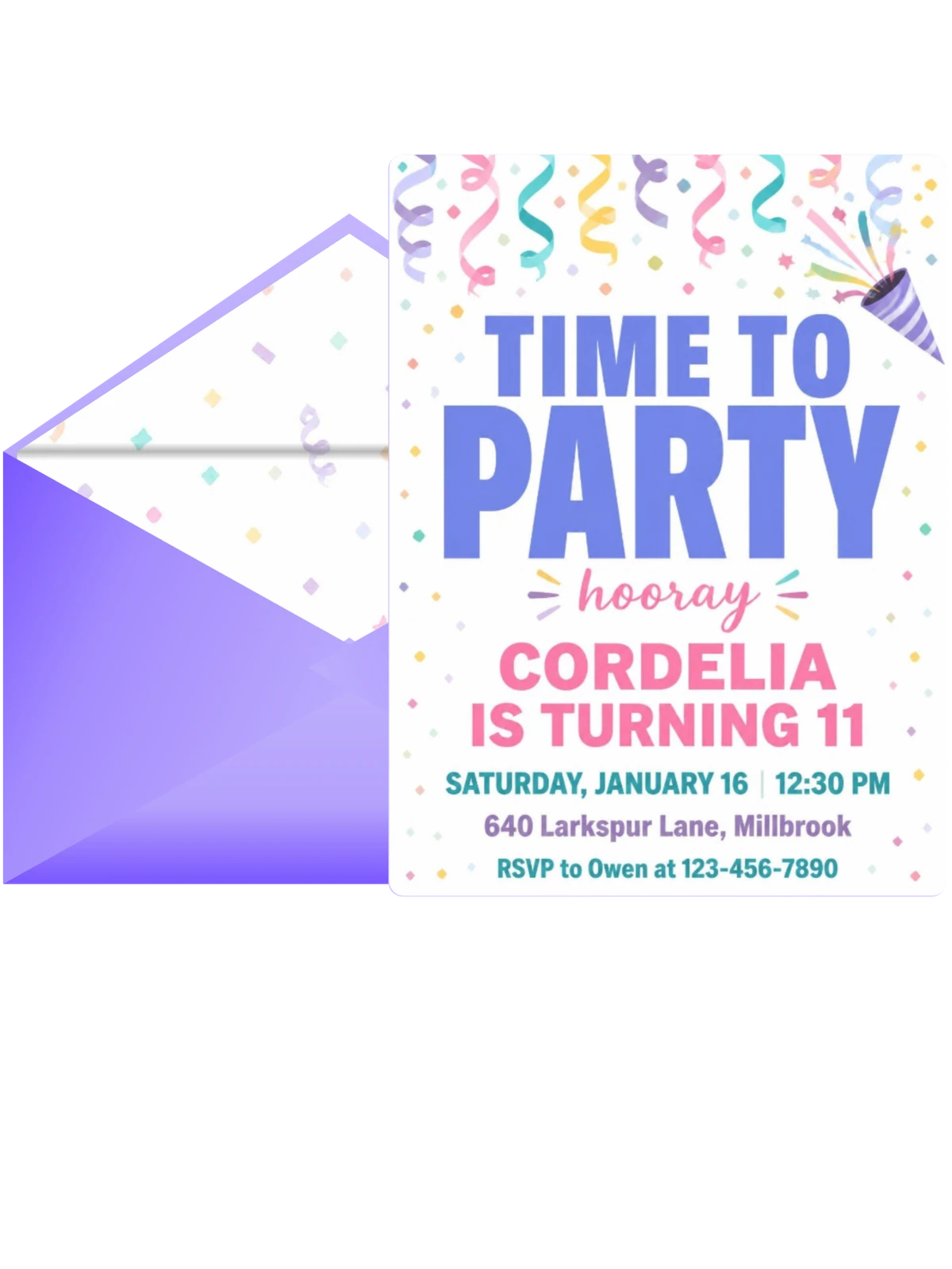 Pastel Confetti Streamer 11th Birthday Invitation