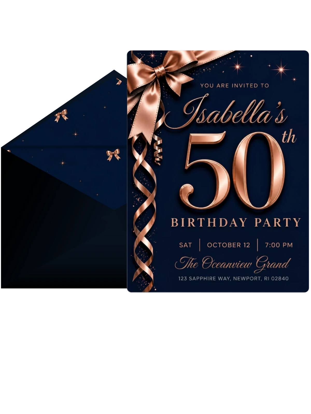 Navy and Rose Gold Ribbon 50th Birthday
