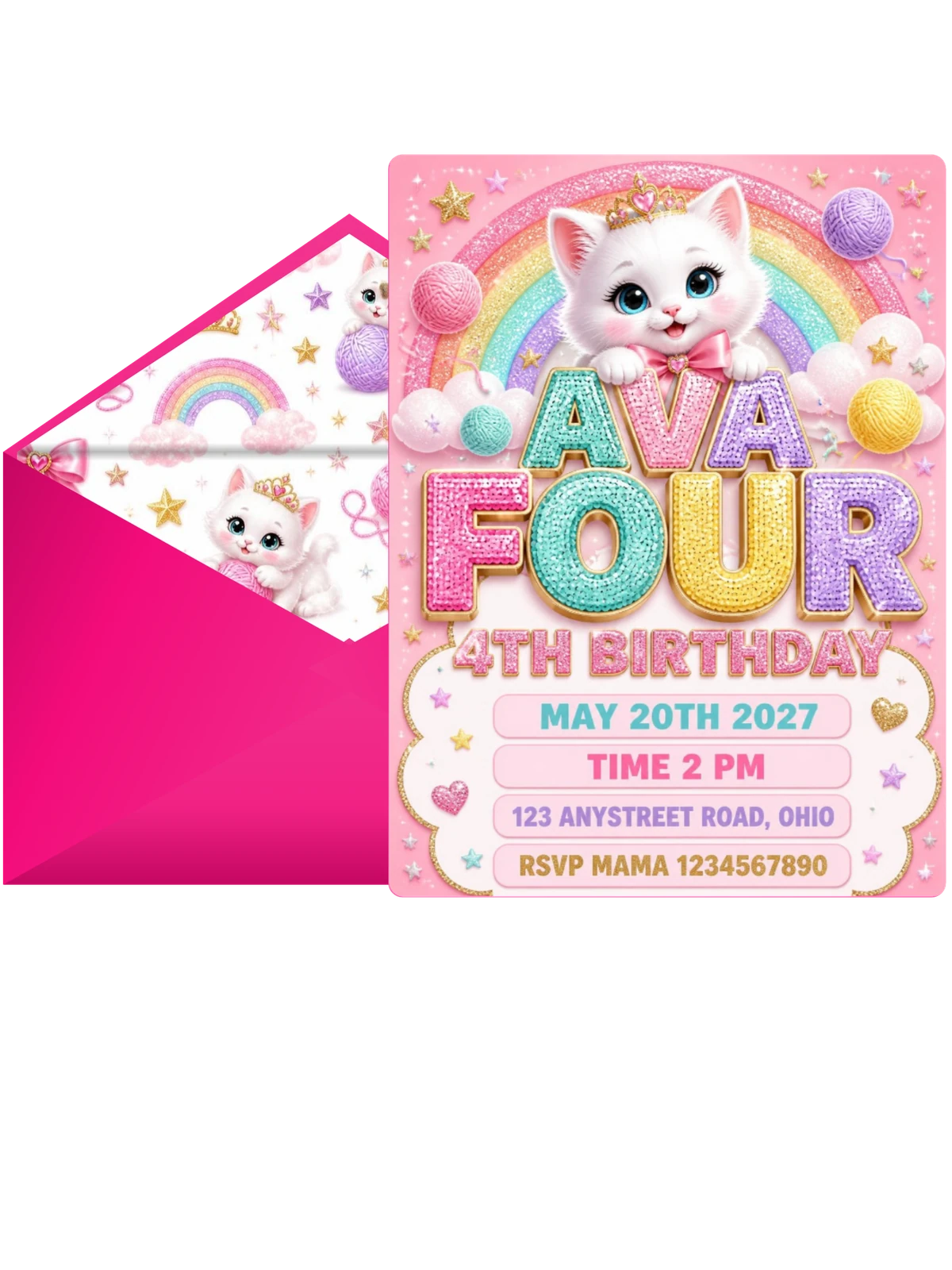Glitter Kitty Cat 4th Birthday Invitation