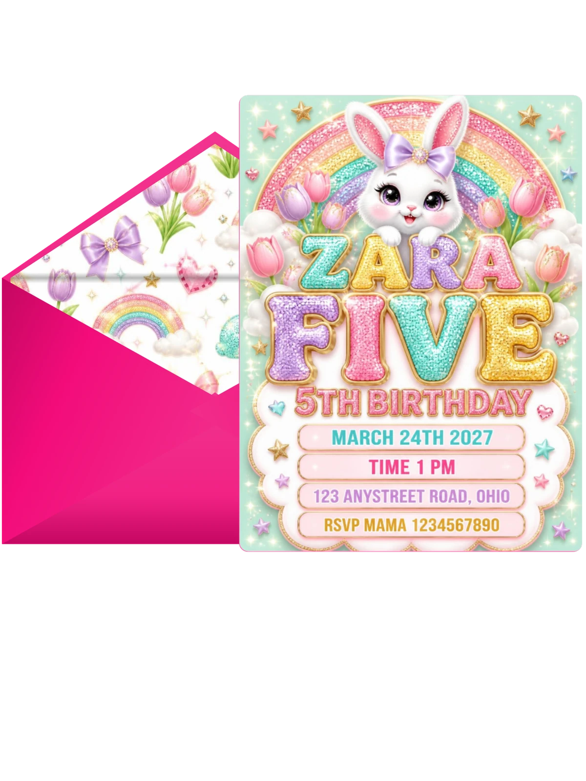 Glitter Sparkle Bunny 5th Birthday Invitation