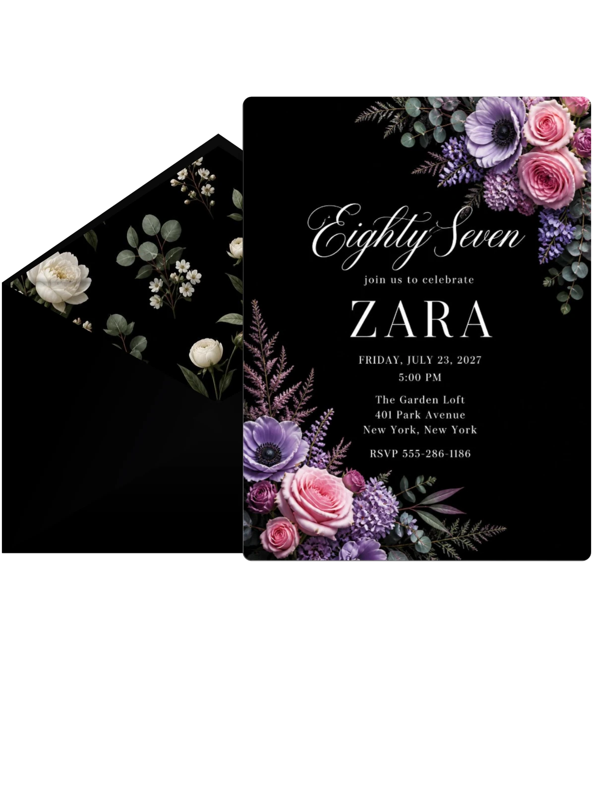 Black Floral 87th Birthday Invitation