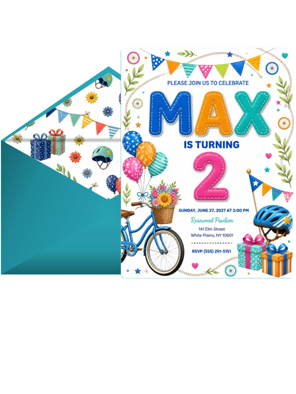 Stitched Bike Ride 2nd Birthday Invitation