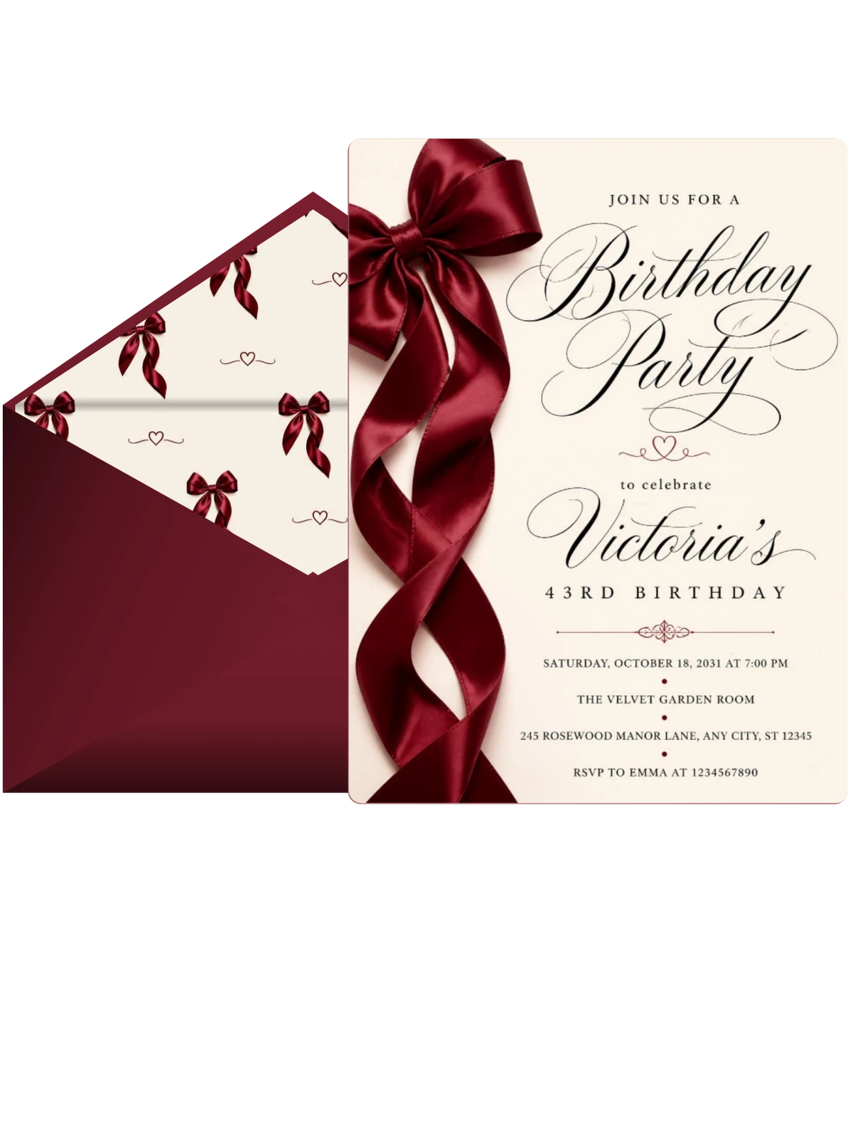 Burgundy Satin Bow 43rd Birthday Invitation