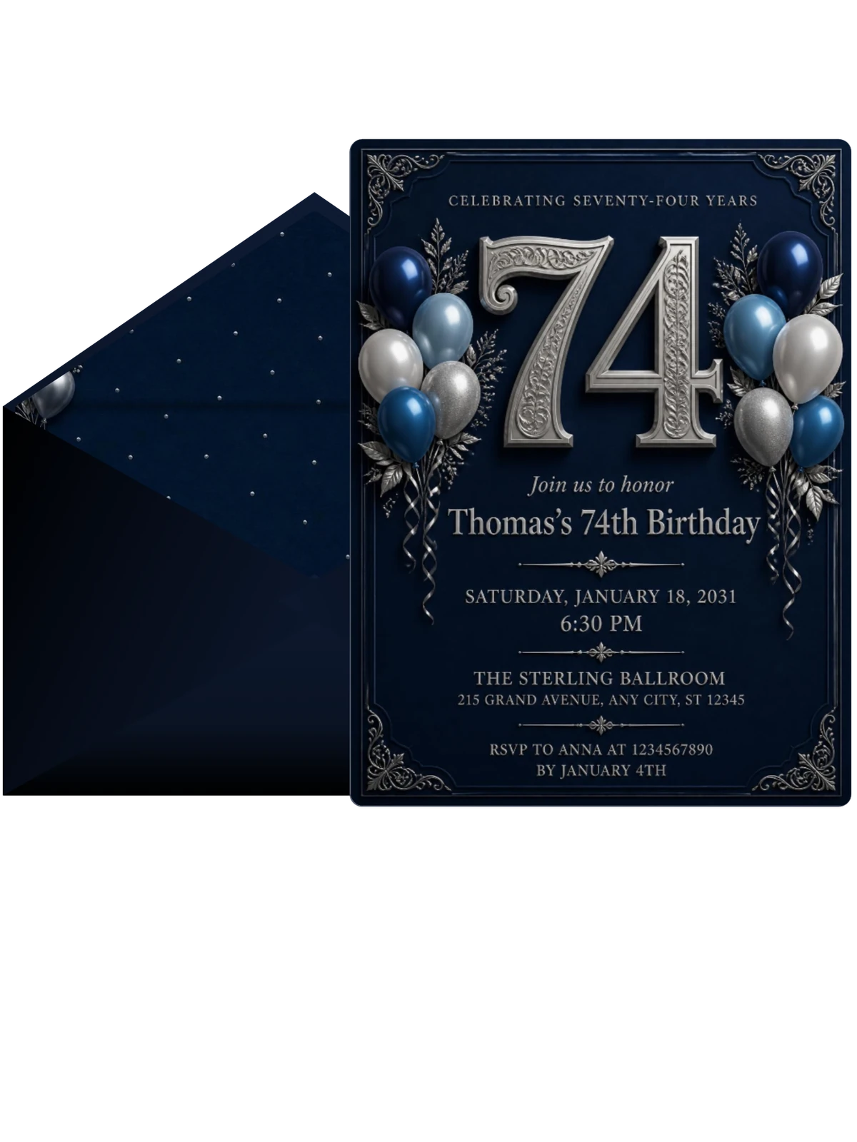 Navy and Silver 74th Birthday Invitation