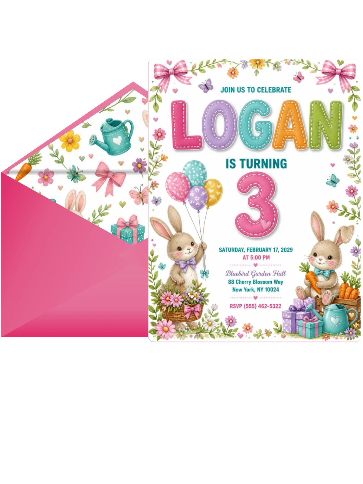 Stitched Bunny Garden 3rd Birthday Invitation