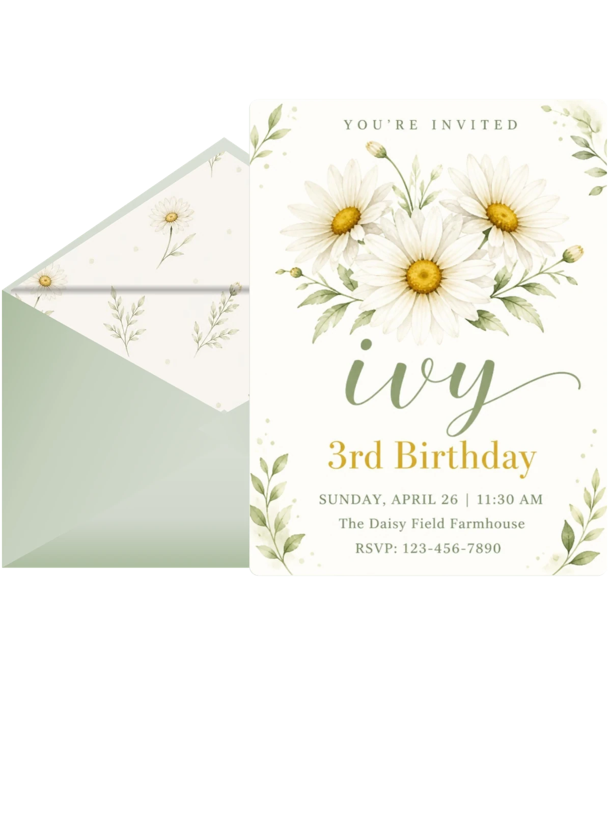 Watercolor Daisy Field 3rd Birthday Invitation