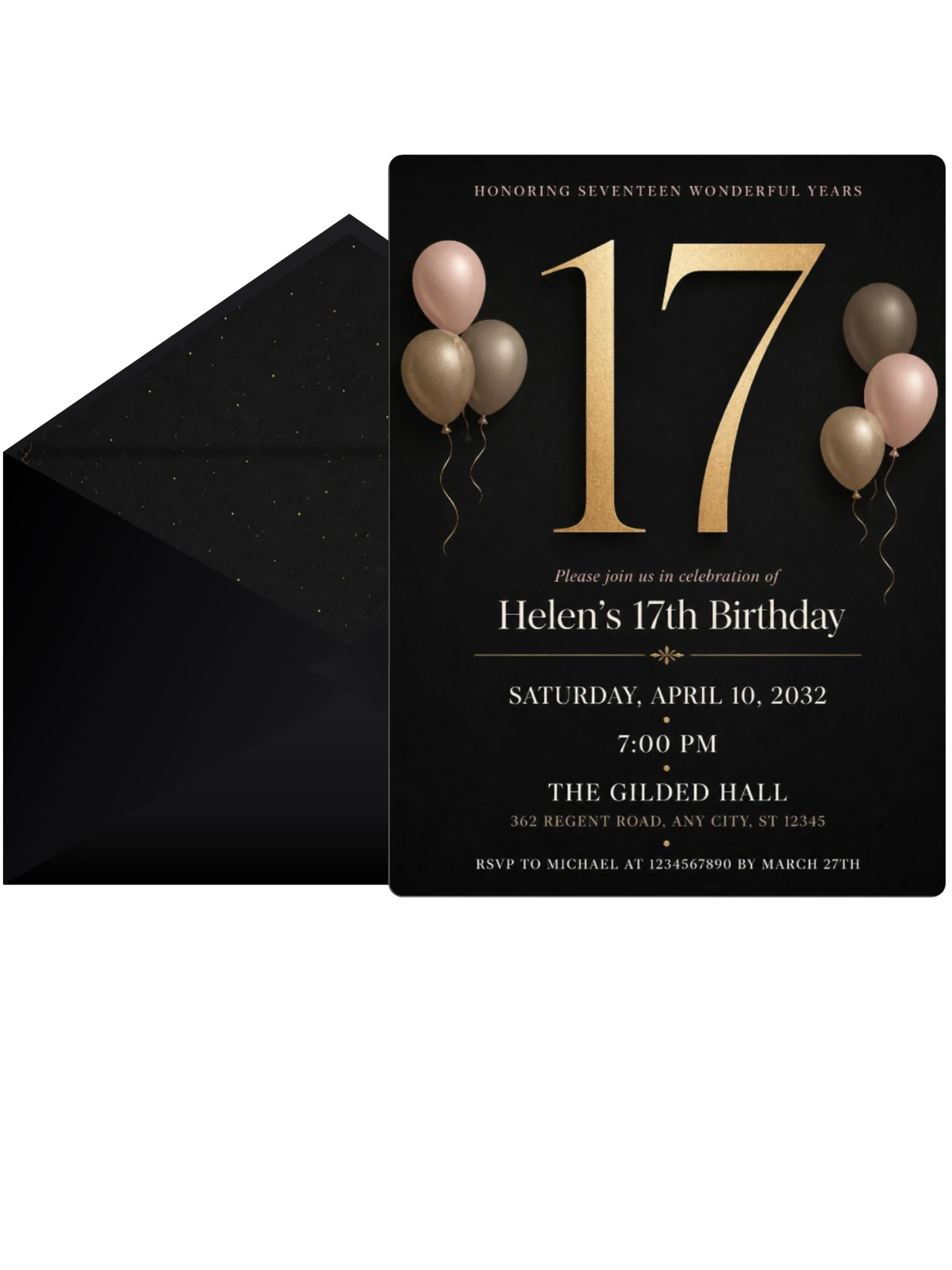 Charcoal and Blush 17th Birthday Invitation