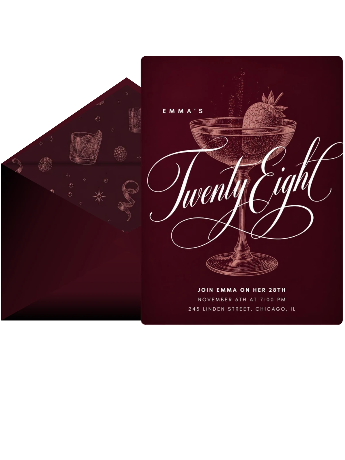 Burgundy Cocktail 28th Birthday Invitation