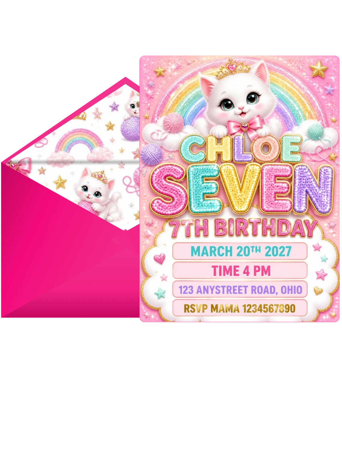 Glitter Kitty Cat 7th Birthday Invitation