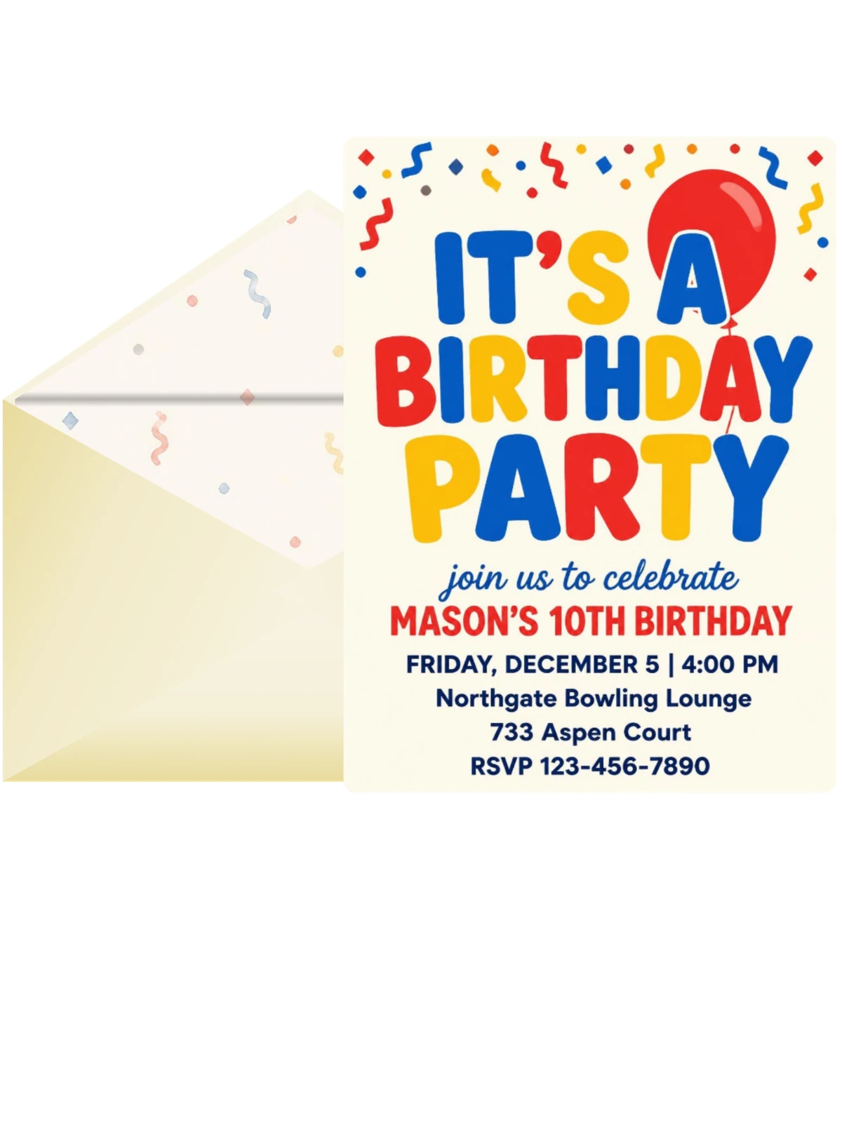 Primary Color Balloon 10th Birthday Invitation