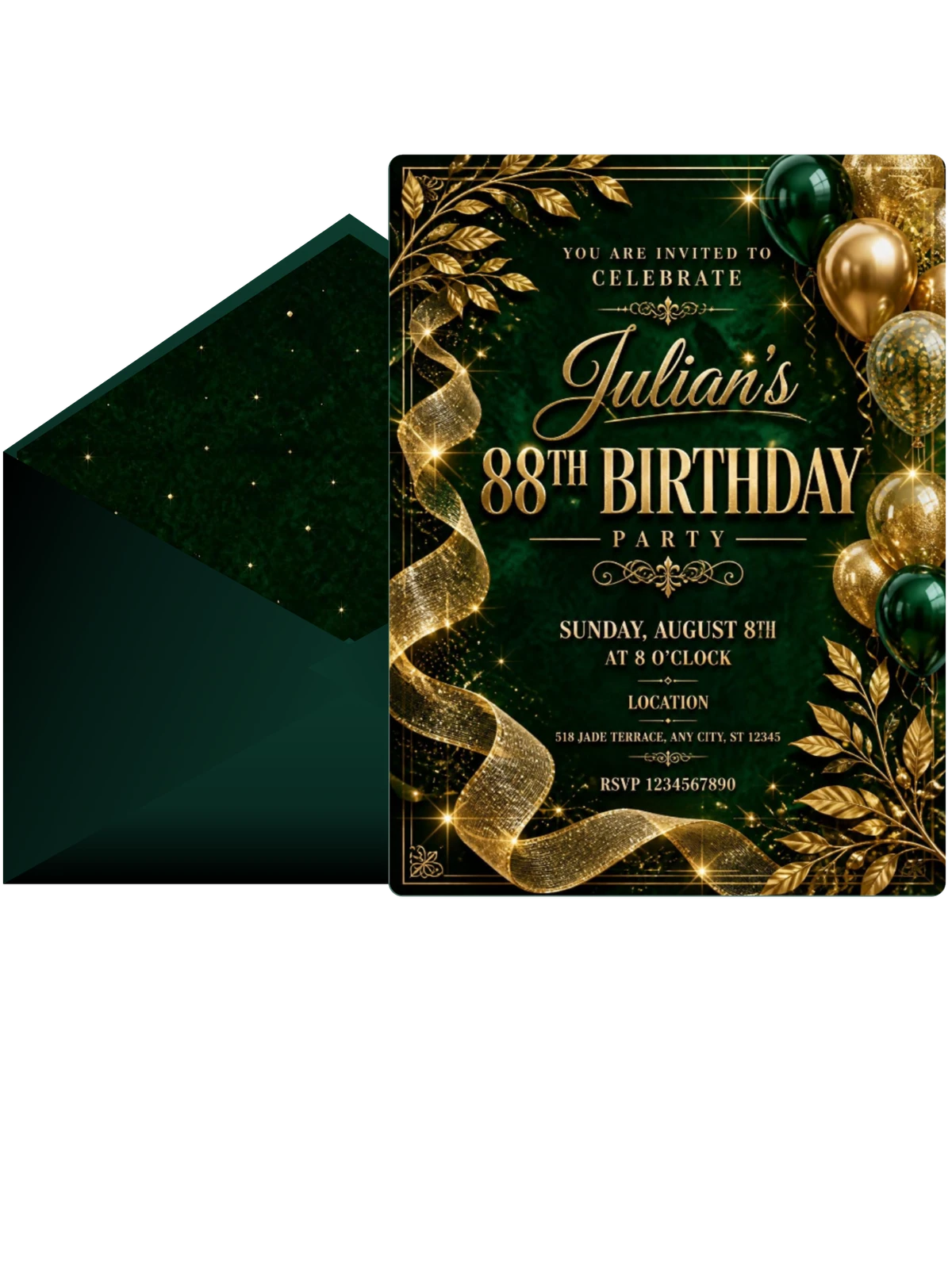 Emerald and Champagne 88th Birthday Invitation