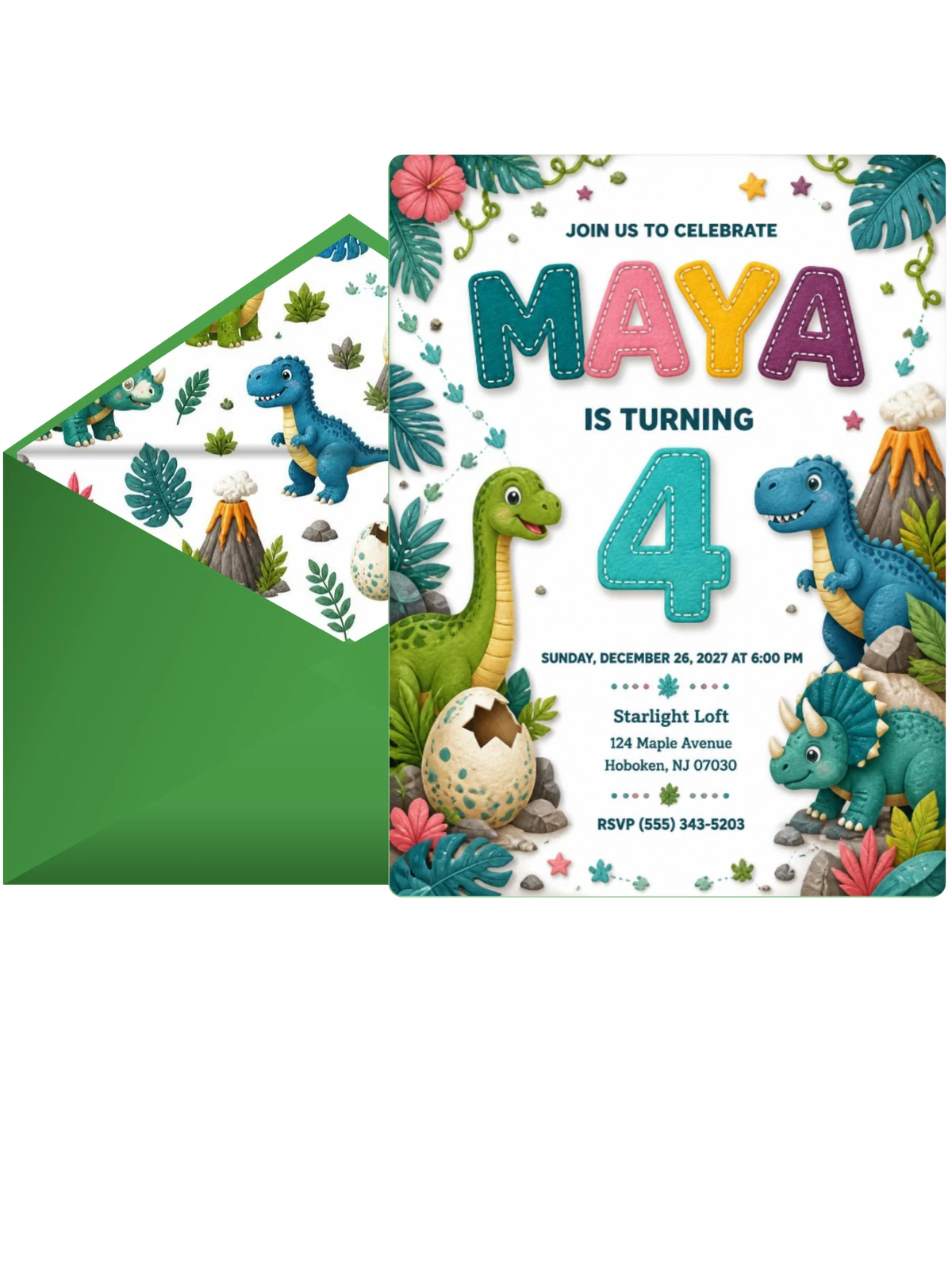 Stitched Dinosaur 4th Birthday Invitation