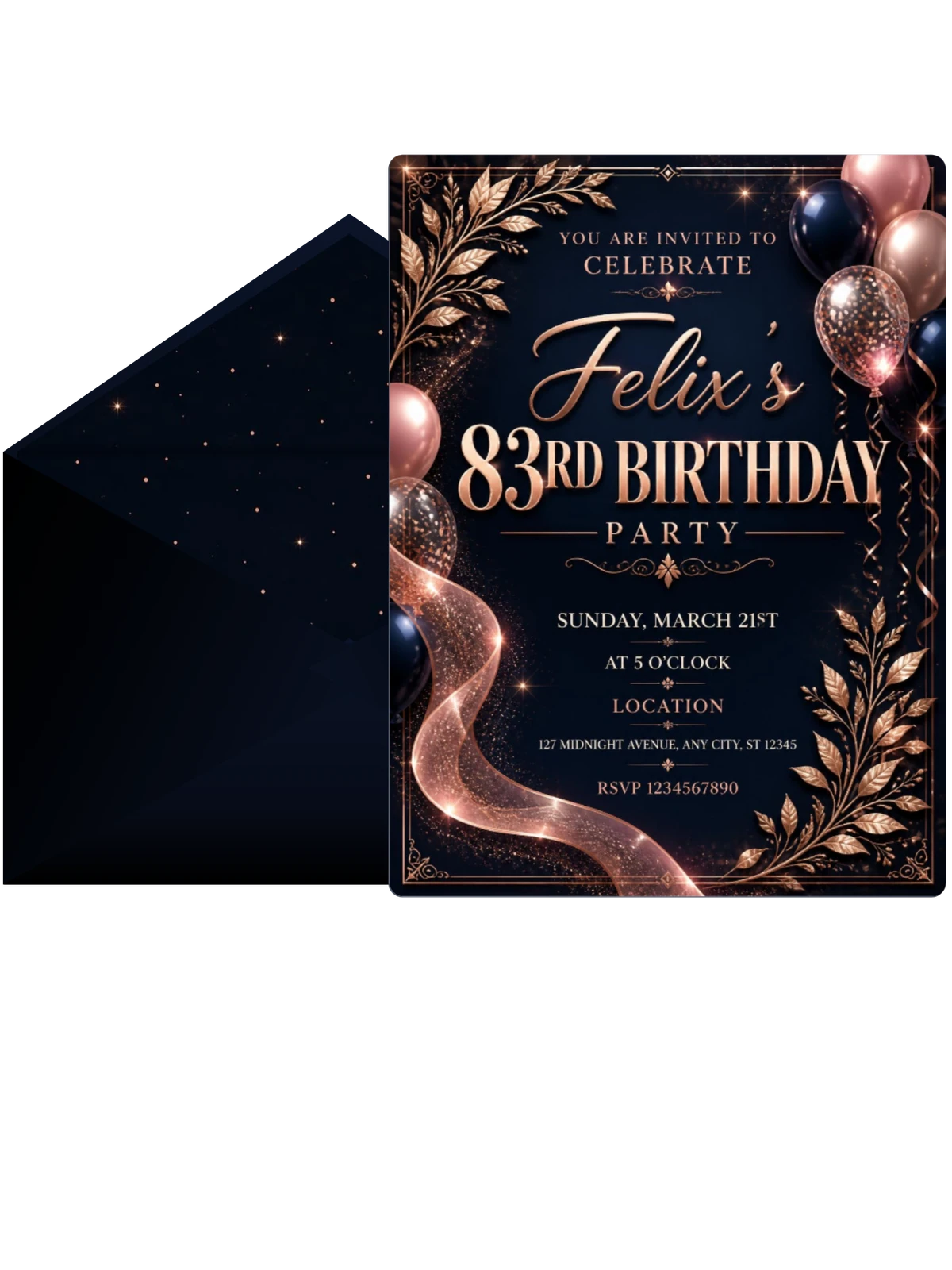 Navy and Rose Gold 83rd Birthday Invitation