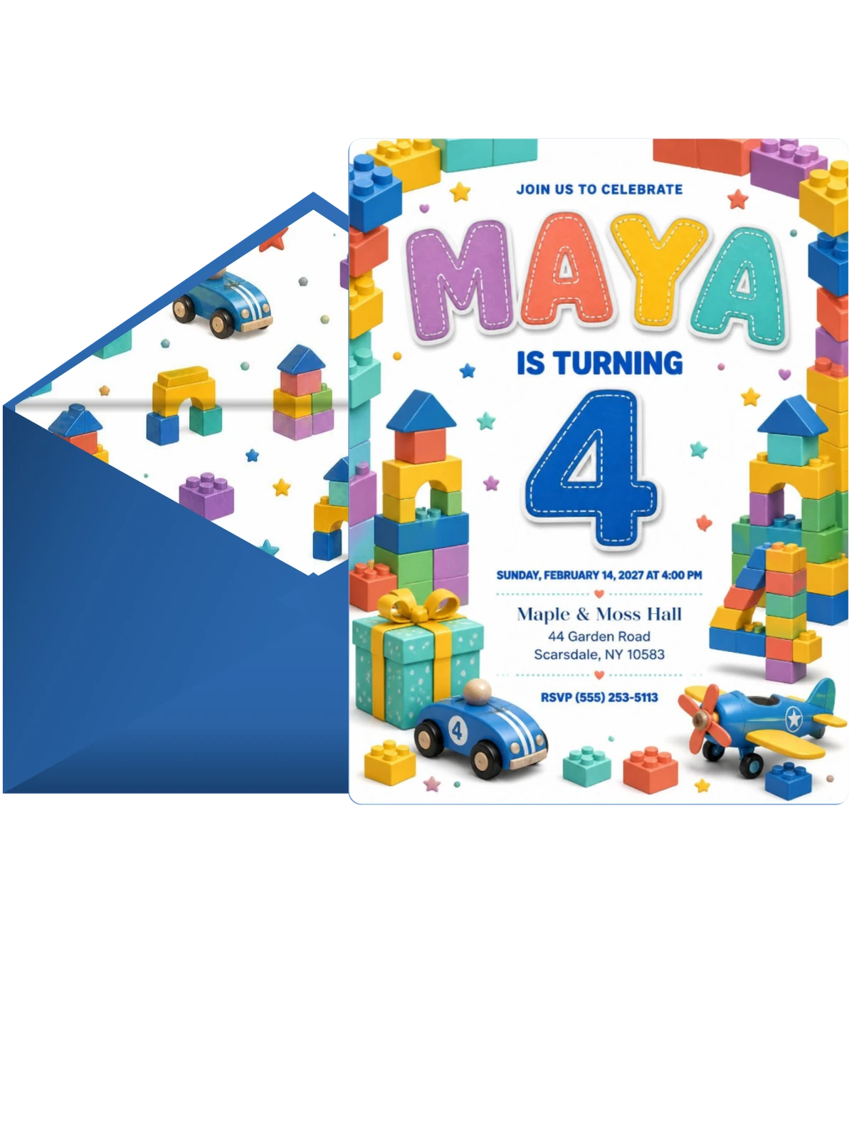 Stitched Toy Blocks 4th Birthday Invitation