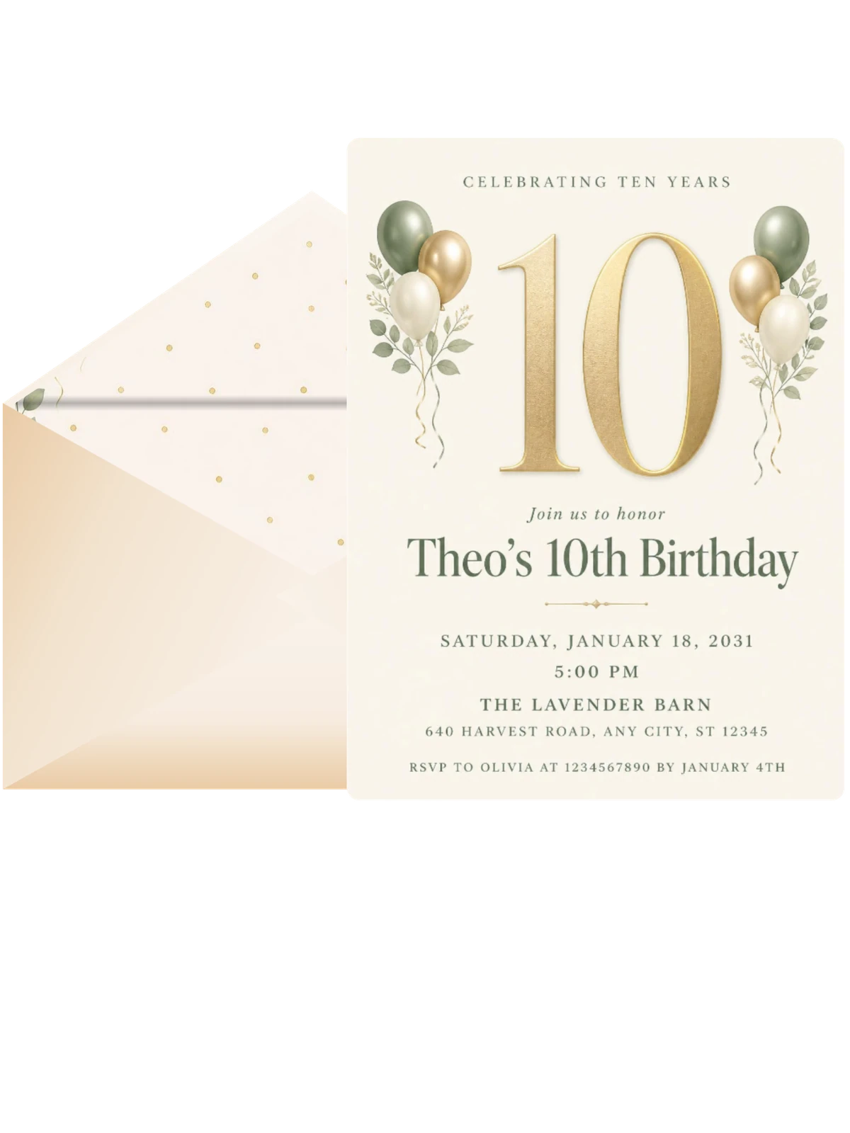 Sage and Ivory 10th Birthday Invitation
