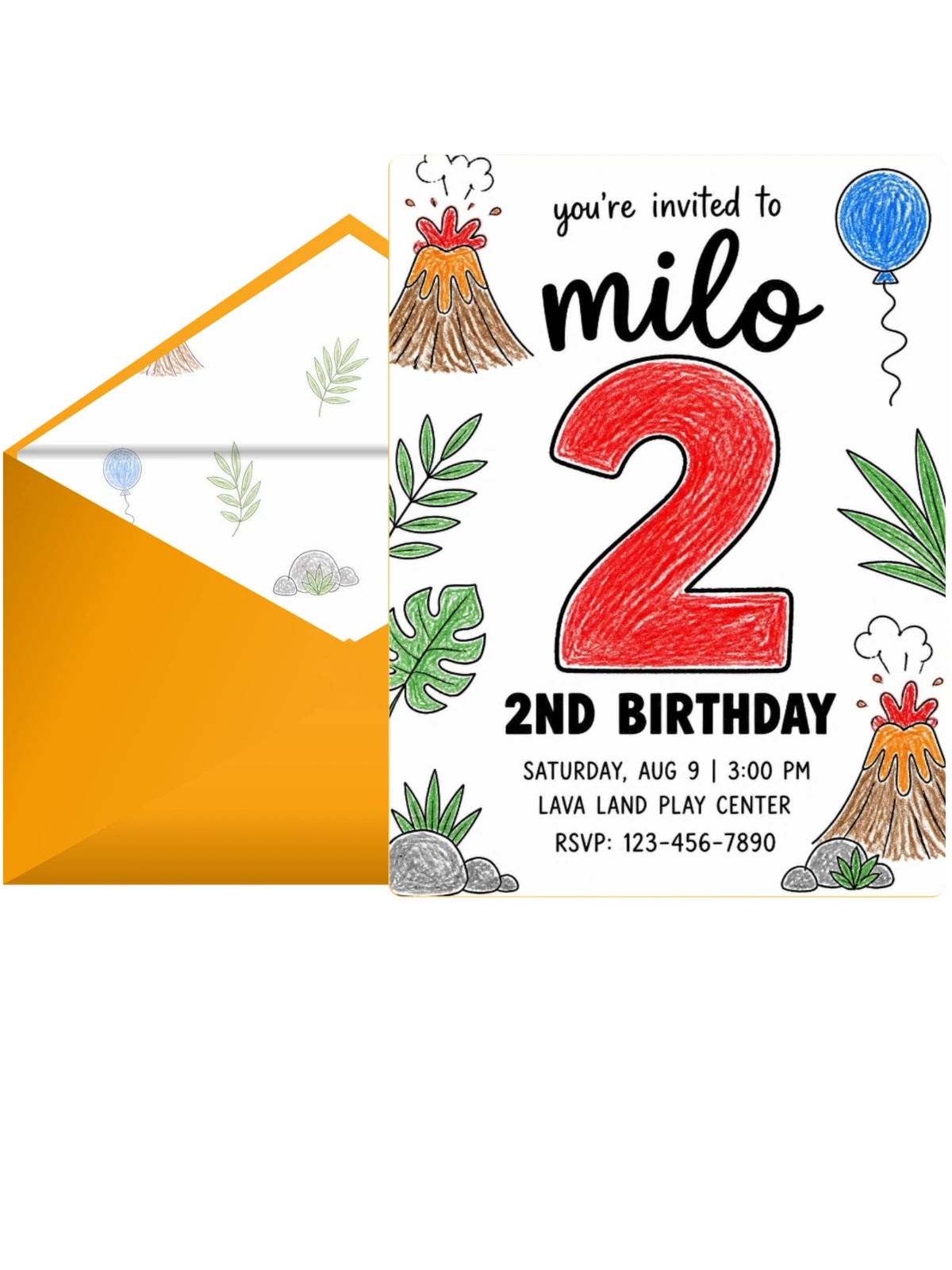 Crayon Volcano Jungle 2nd Birthday Invitation