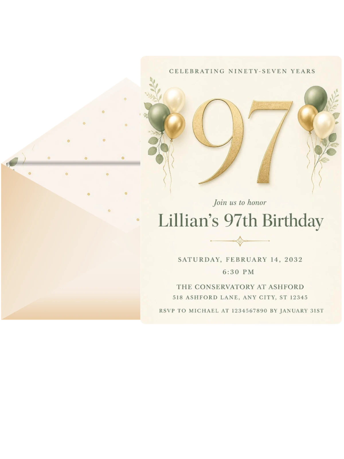 Sage and Ivory 97th Birthday Invitation