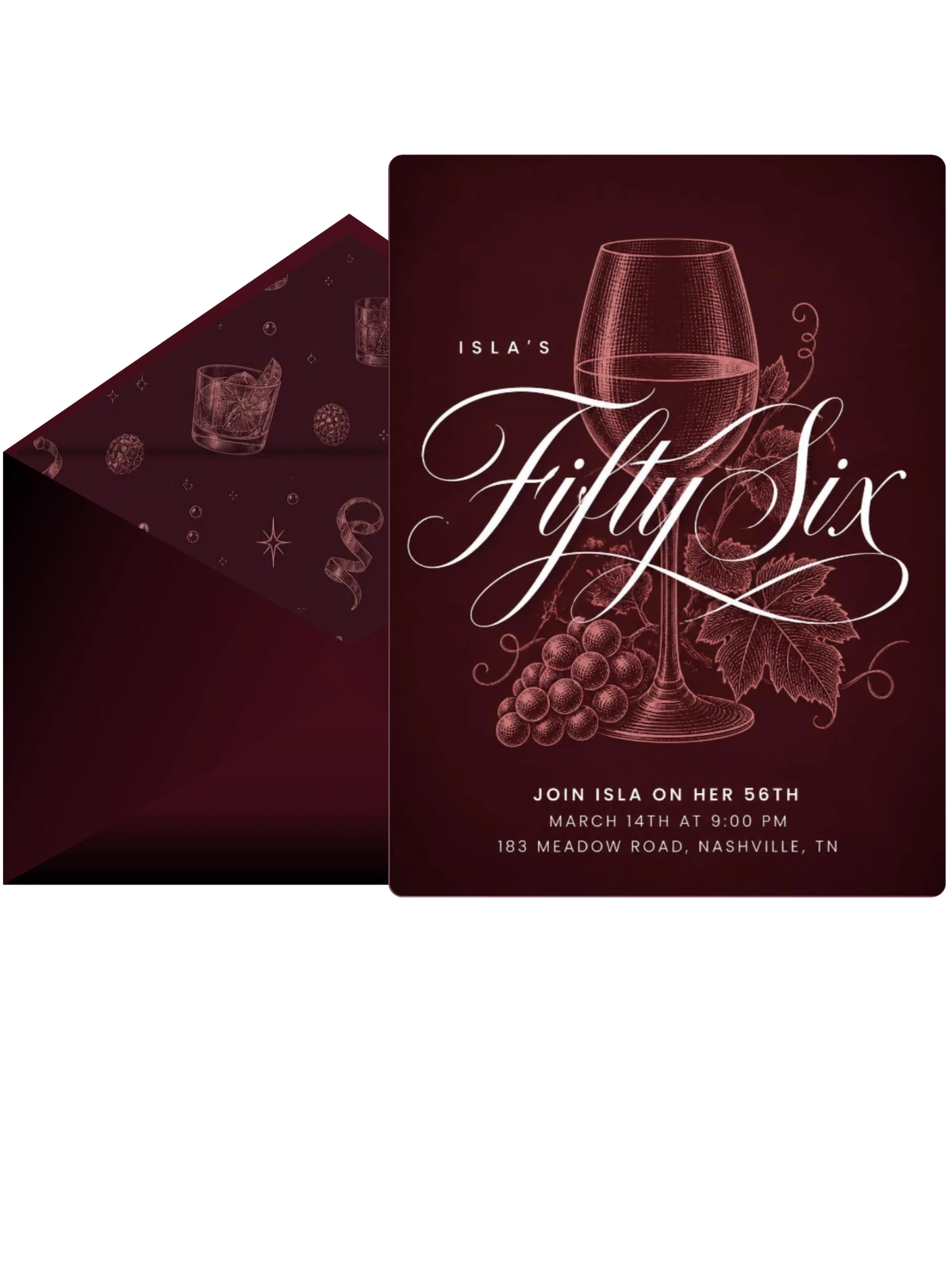Burgundy Cocktail 56th Birthday Invitation