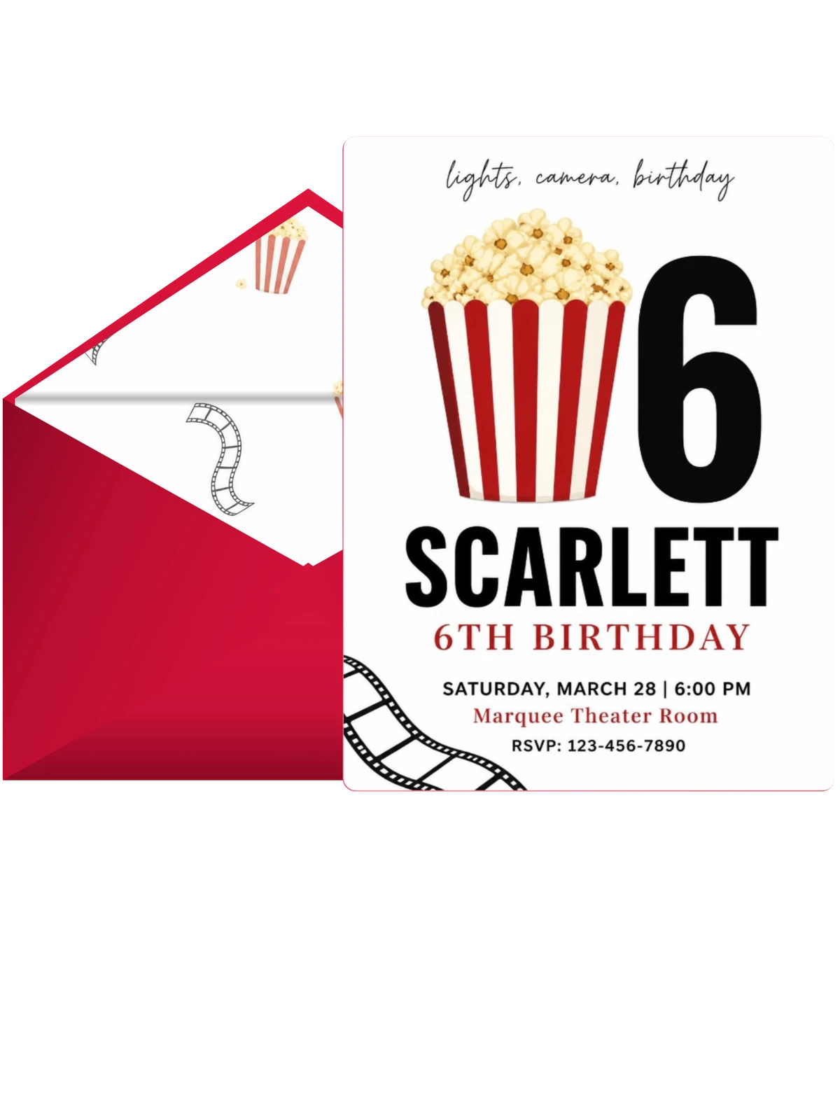Cinema Popcorn Motif 6th Birthday Invitation