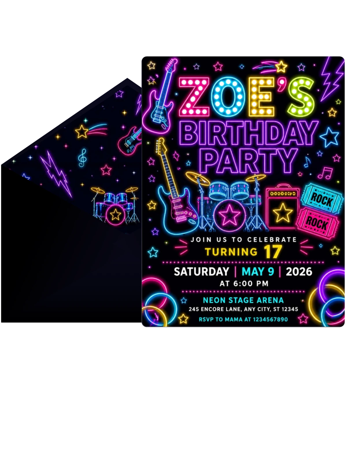 Neon Rock Star 17th Birthday Invitation