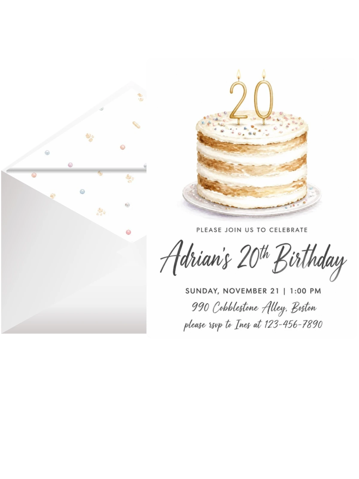 Watercolor Vanilla Cake 20th Birthday Invitation