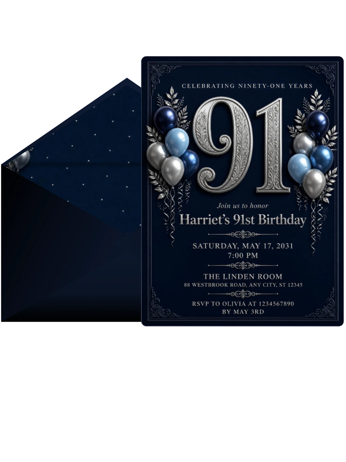 Navy and Silver 91st Birthday Invitation