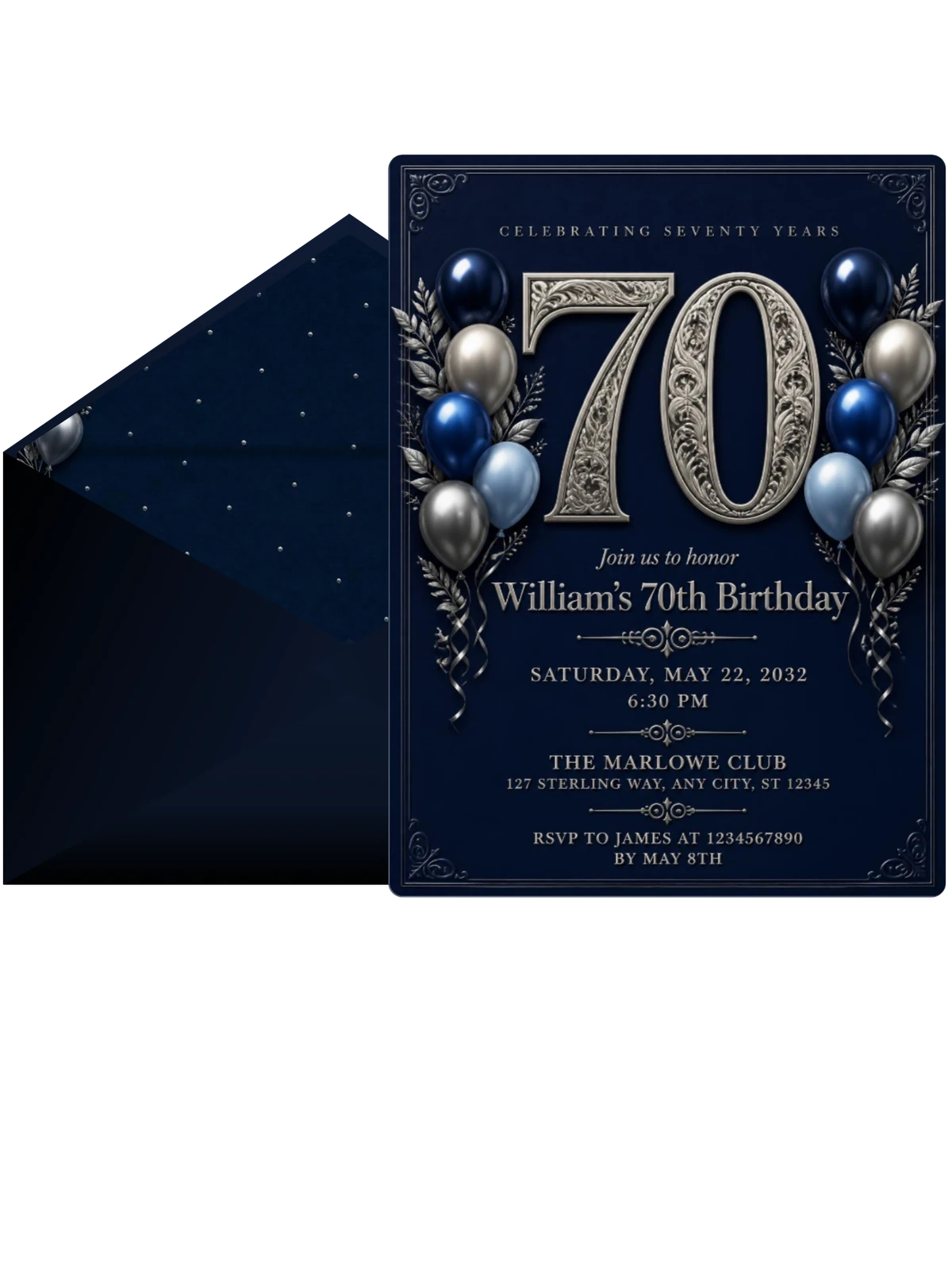 Navy Silver Filigree 70th Birthday Invitation