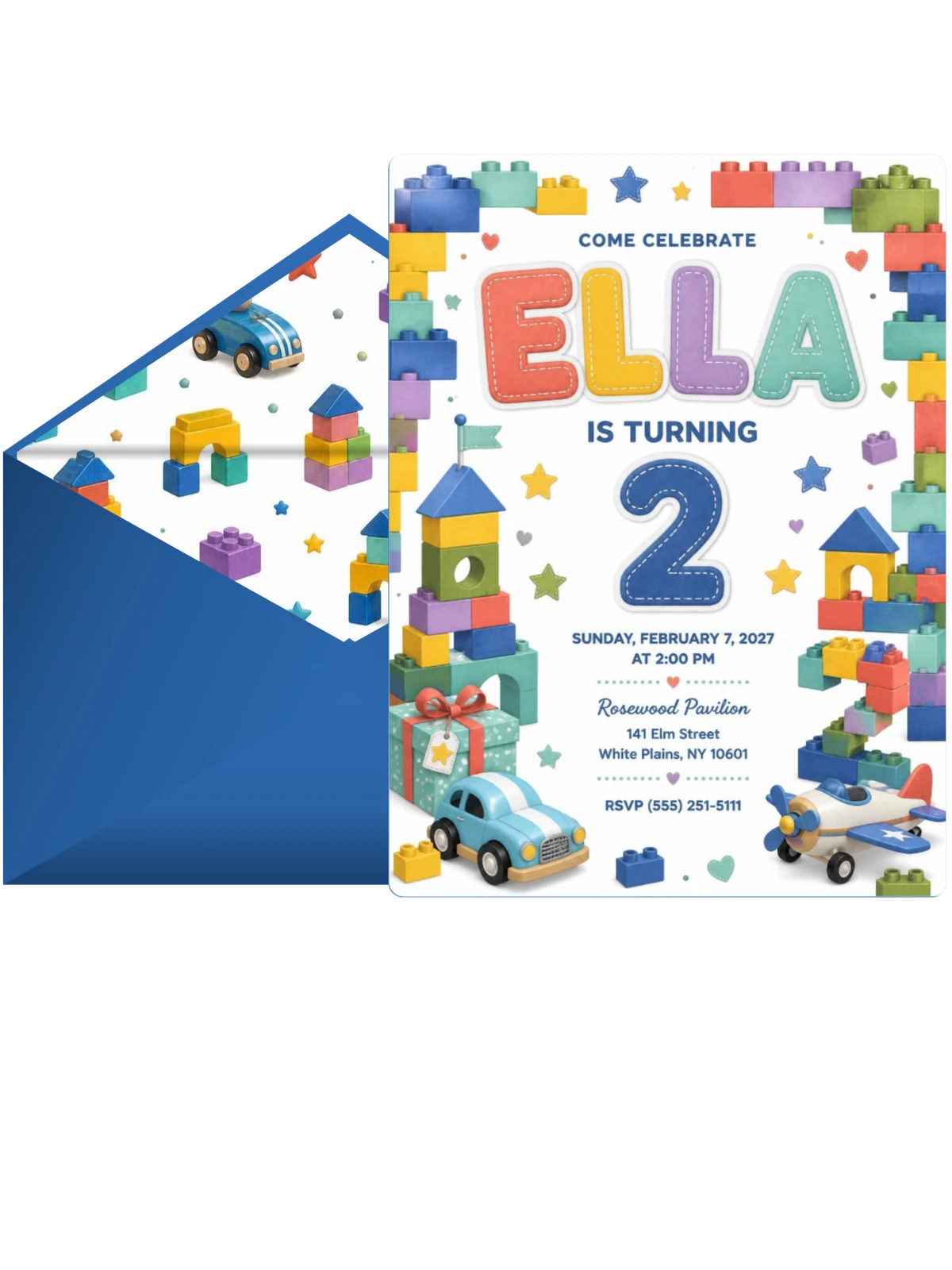 Stitched Toy Blocks 2nd Birthday Invitation