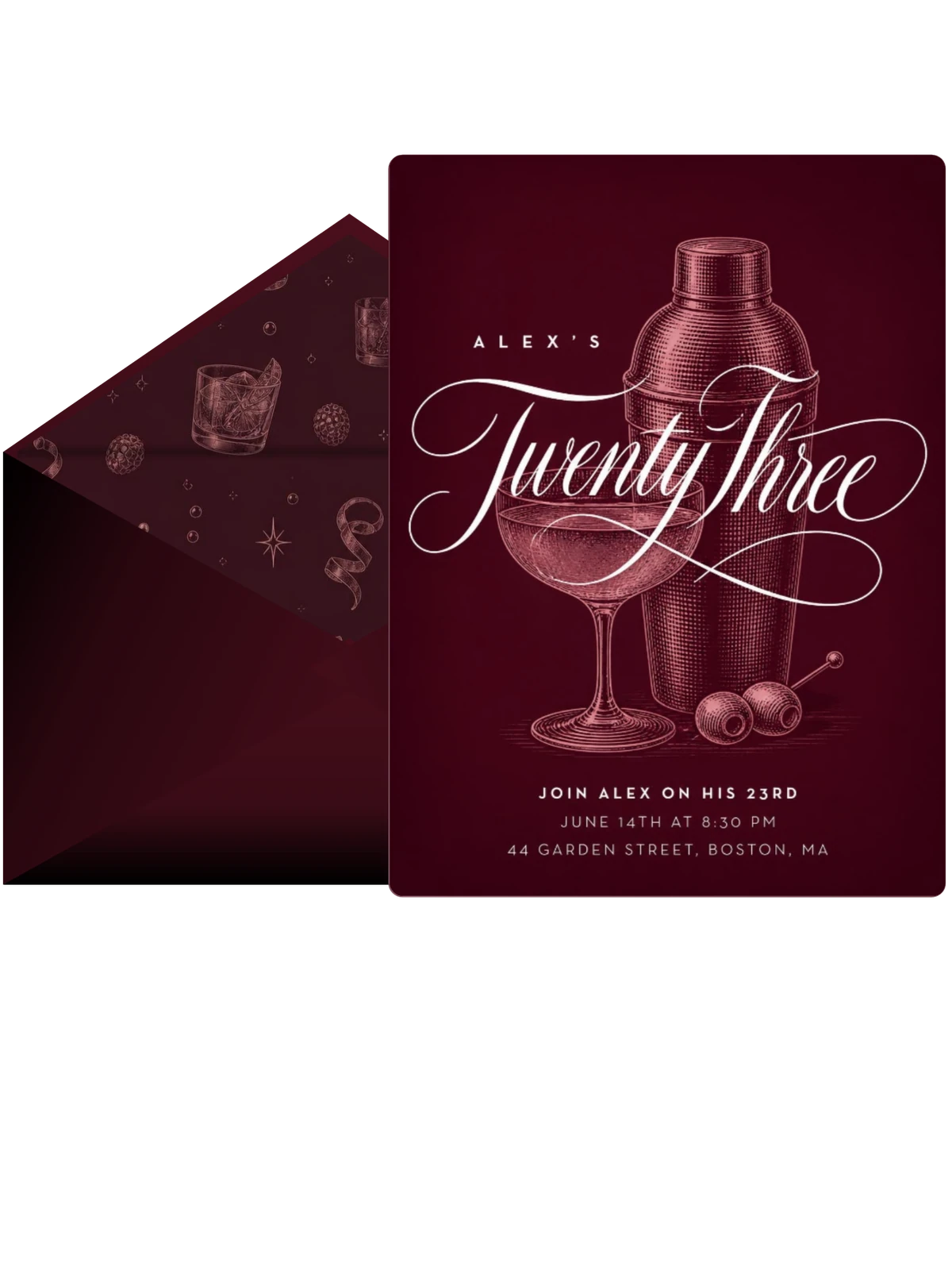 Burgundy Cocktail 23rd Birthday Invitation