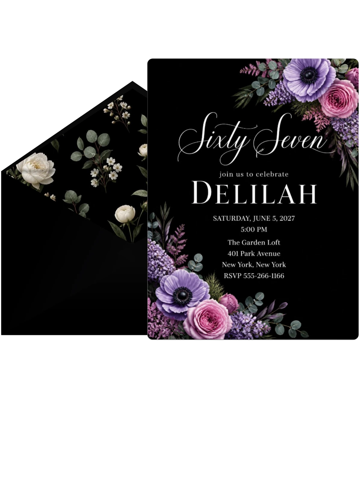 Black Floral 67th Birthday Invitation