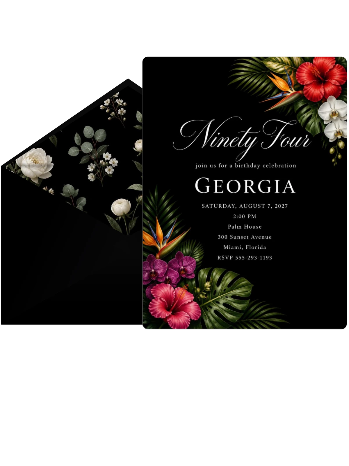 Black Floral 94th Birthday Invitation