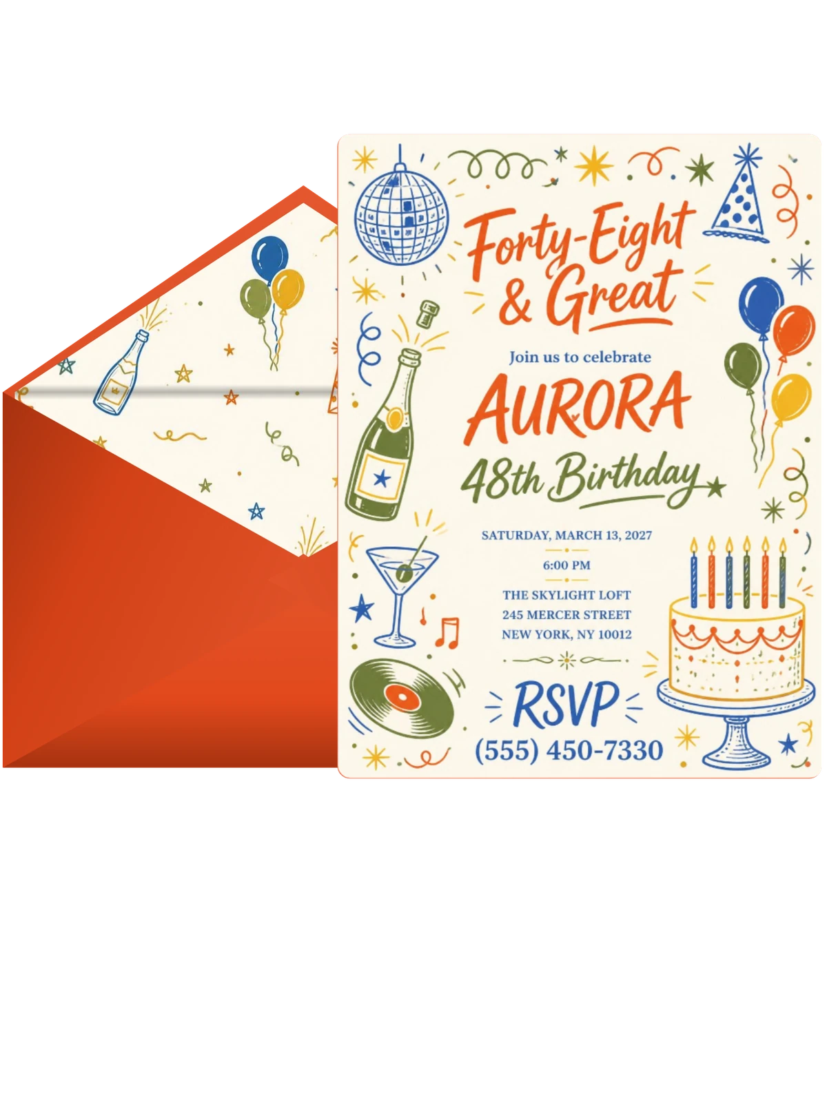 Retro Doodle 48th Birthday Invitation