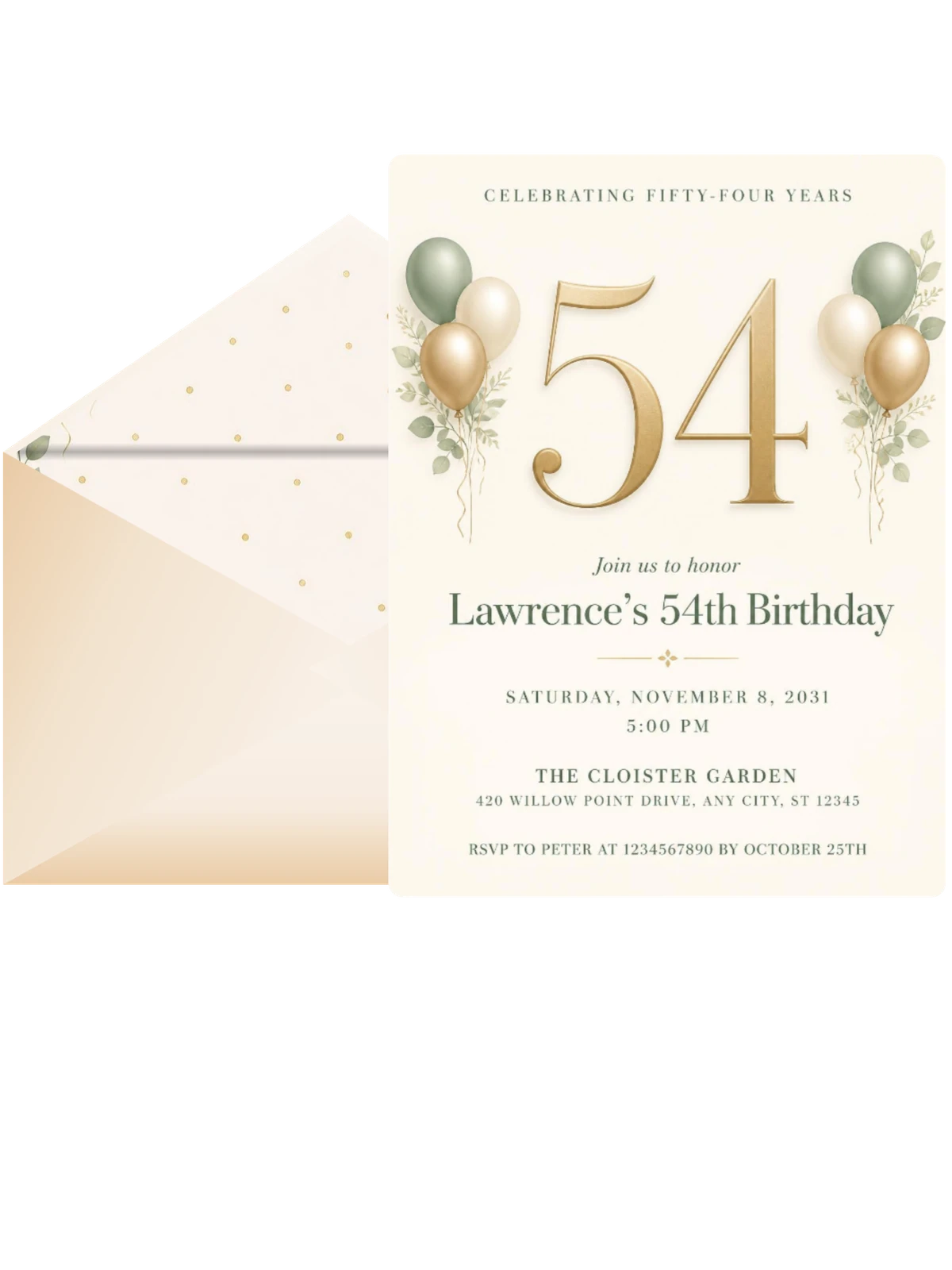 Sage and Ivory 54th Birthday Invitation